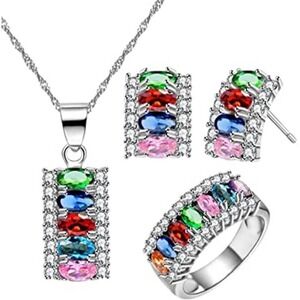 Rhinestone Necklace Ring Earrings Platinum Plated Necklace Earring Ring CZ Cubic